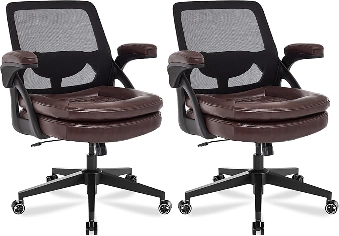 Big and Tall Office Chair, 500lbs Mesh Heavy Duty Ergonomic Desk Chair with Flip-up Armrests, Plus Size Wide Seat in PU Leather, 360 Swivel Computer Executive Task Chair for Home Office (Brown)