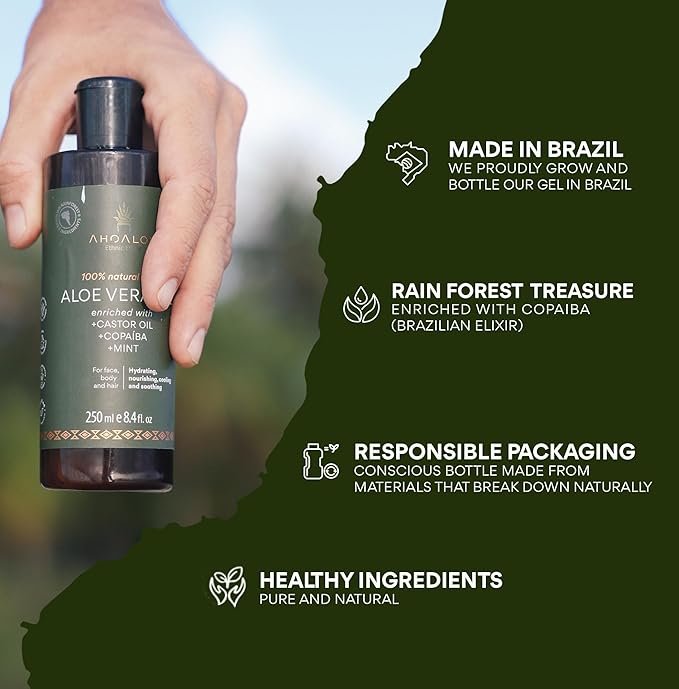 AHOALOE Pack of 3 Brazilian Aloe Vera Gel - Multipurpose Moisturizing Natural Gel with Copaiba, Castor Oil and Fresh Mint and Natural for Face, Skin and Hair - After Sun Care, Sunburn Relief 3x 8.4oz