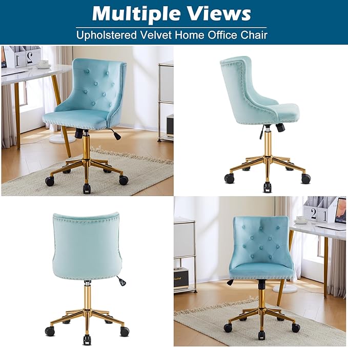 VINGLI Light Blue Armless Home Office Desk Chair with Gold Base/Wheels, Small Cute Vanity/Makeup Chair with Back for Bedroom, Upholstered Adjustable Rolling Swivel Nail Chair for Women/Girls