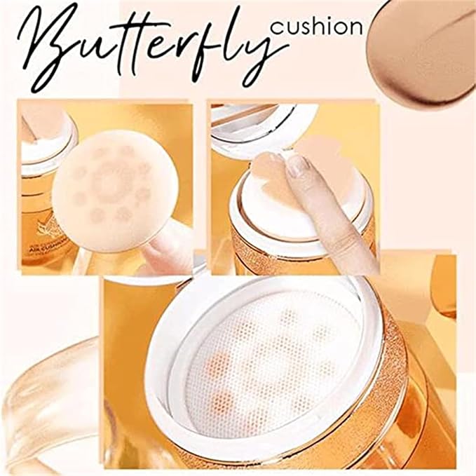 KISHAL Butterfly Cushion BB Cream, Air CC Moisturizing Concealer Makeup Base Liquid Foundation, Powder Puff Effectively Cover Skin Blemishes (Lvory+Natural)