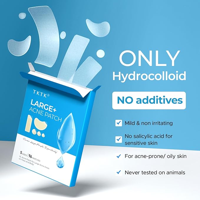 TKTK Pimple Patches, XL Hydrocolloid Patches for Face 60 x 20 mm, Big Acne Patches for Body, Forehead, Chin, Neck Zit Breakouts, Hydrocolloid Bandages (Strip, Contoured, Dot 5 Sizes 96 Count)