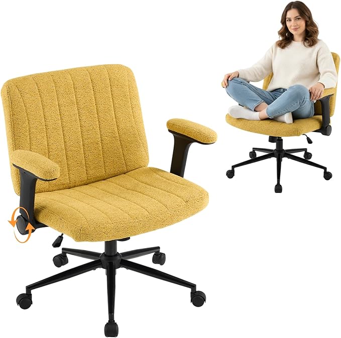 VINGLI Criss Cross Chair with Adjustable Flip-Up Arms,Cross Legged Chair with Wheels,Extra Wide Office Chair,Desk Chair for Home Office,Vanity,Bedroom, Apartment,Starry Chenille,Pale Yellow