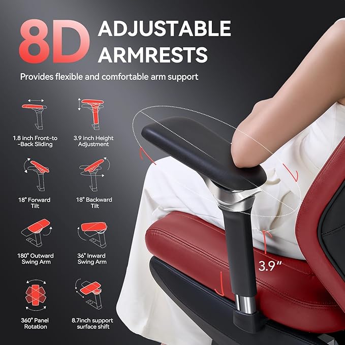 EMIAH GT100 Electric Ergonomic Office Chair with Foot Rest, Sustainable Leather Reclining High Back Desk Chair with Adjustable Headrest, 8D Coordinated Armrests Computer Chair with Lumbar Support（Red）