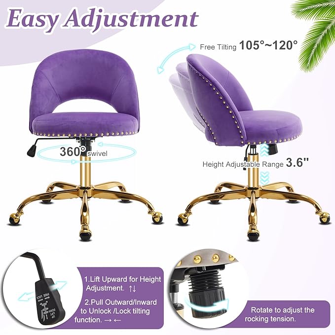 VINGLI Modern Velvet Small Office Chair,Cute Desk Chair with Wheels,Gold Base/Studs, Comfy Armless Swivel Vanity Task Chair for Women/Girl/Kids, Nail Tech Chair for Bedroom,Small Space,Violet Purple