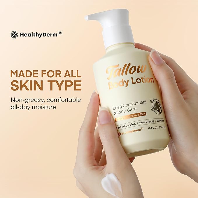 Beef Tallow Body Lotion for Skin: Grass-Fed Daily Moisturizing Cream for Dry, Mature & Crepey Skin, Fast-Absorbing, Non-Greasy, Fragrance-Free Moisturizer with Aloe & Shea Butter, 10 fl oz