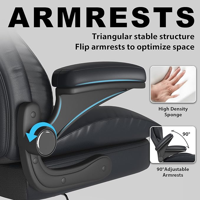 Hovos Office Chair, Ergonomic Big and Tall Desk Leather Chair with Padded Flip-up Arms, Adjustable Tilt Lock, Heavy Duty Swivel Rolling Computer Chair for Home Office, Black