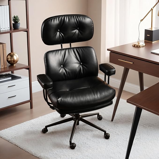 HOOOWOOO Ergonomic Office Chair,Mid Century Modern Computer Desk Chair,Comfy Executive Chair with Extra Wide Tufted Cloudy Seat Lumbar Support High Reclining Back,PU Faux Leather Black