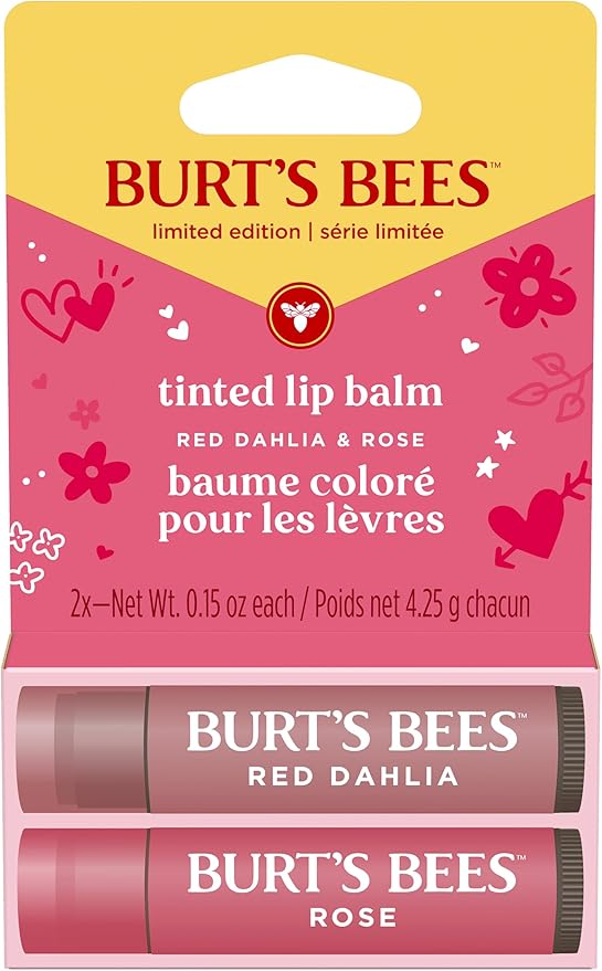 Burt's Bees Lip Tint Balm, Long Lasting 2 in 1 Duo Tinted Balm Formula, Color Infused with Hydrating Shea Butter for a Natural Looking Buildable Finish, Red Dahlia + Rose (2-Pack)
