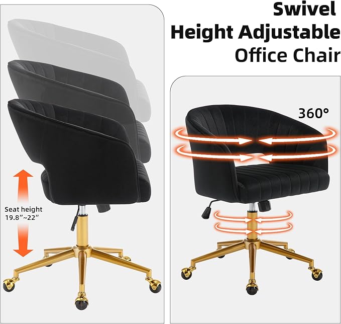 Westice Home Office Desk Chairs, Modern Velvet Rolling Chair, Height Adjustable Swivel Vanity Chair with Golden Base, Ergonomic Chair for Study, Living Bedroom Computer Room, Black