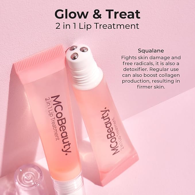 MCoBeauty Glow and Treat 2-in-1 Lip Treatment Birthday Cake - Tinted Lip Oil Squalane Roller Ball Applicator - Glossy Moisturizing Lip Balm Gloss Dry Lips - Vegan Cruelty Free Lip Care - 10ml
