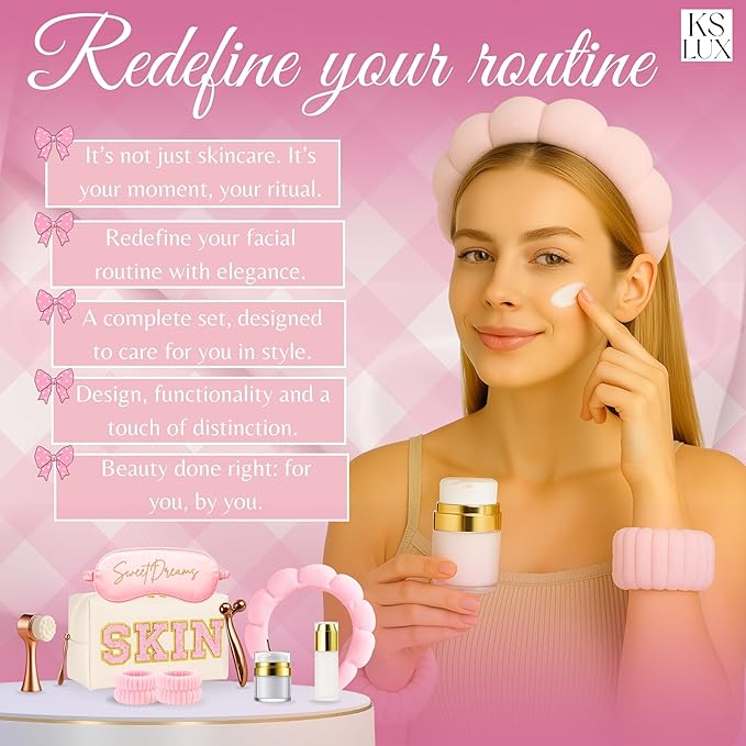 Preppy skincare set women, pink skincare for teen girls, cute skin care kit for teens, girls skin care tools, cute preppy stuff for girls 10-12, cool teenager girl gift ideas with clean girl aesthetic