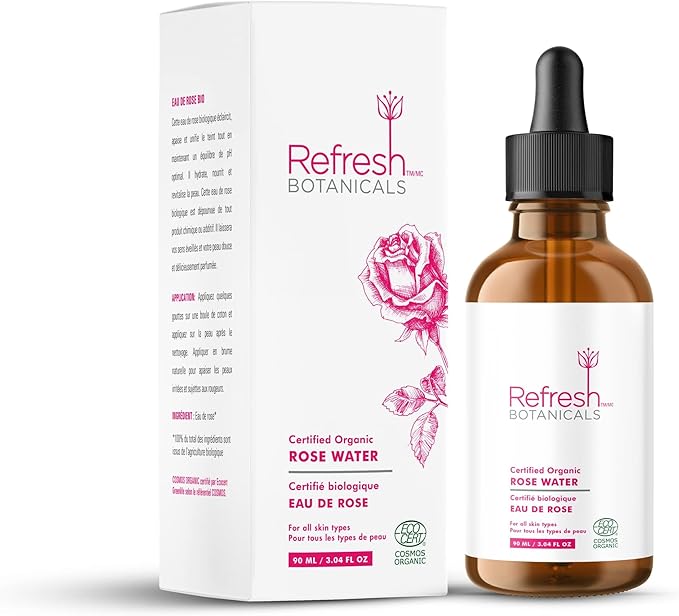 Organic Rose Water by Refresh Botanicals | ECOCERT Cosmos Certified | for All Skin Types | Rose Water for Face | Alcohol-Free, Chemicals Free | Product of Canada | 90 ml