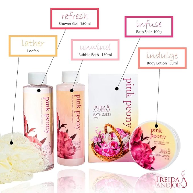 Home Spa Gift Basket Peony Spa Set For Women, Contains Shower Gel, Bubble Bath, Body Lotion, Peony Bath Salt & Puff in a Pink Feminine Tub – Mother's Day Gift for Mom