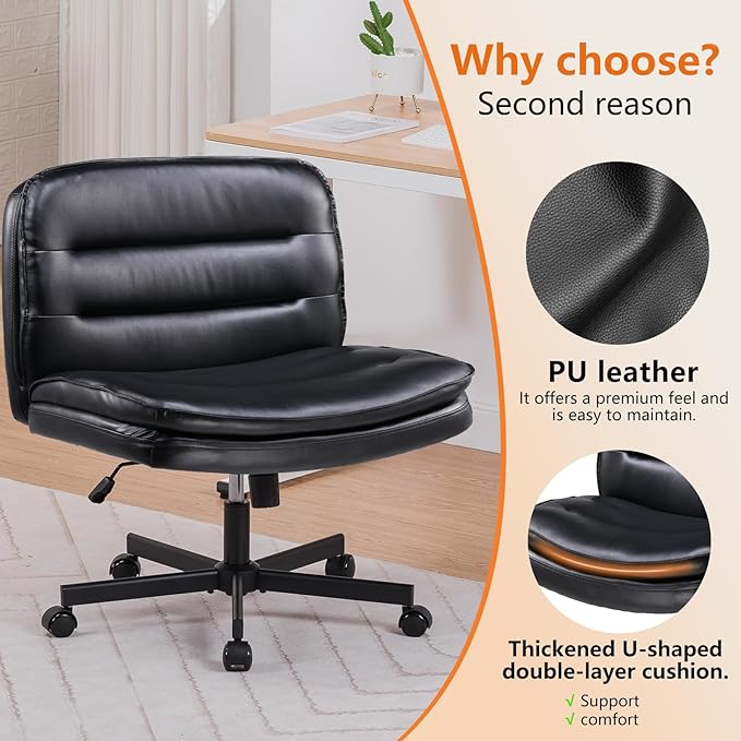 COMHOMA Criss Cross Chair with Wheels Armless Cross Legged Office Chair Wide Home Office Desk Chair Swivel Comfy Vanity Desk Chair Height Adjustable Mid Back Wide Seat Computer Task Chair