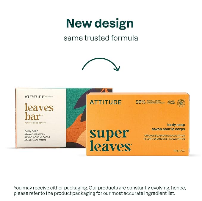 ATTITUDE Body Soap Bar, Natural Origin, Protects and Softens Dry Skin, Watercress, Indian Cress & Olive Oil, Made in Canada, EWG Verified & Vegan, Orange Blossom & Eucalyptus, 113 g (Pack of 6)