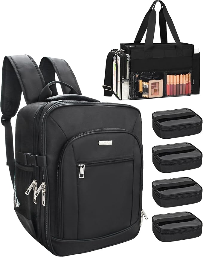 TANTO Makeup Backpack, Makeup Artist Bag Professional Cosmetic Bag with 4 Bag & Tote Bag Double-Layer Make up Storage Organizer Cosmetic Case with Adjustable Divider(Black+XX Large)