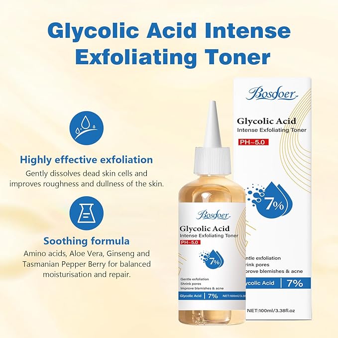7% Glycolic Exfoliating Acid Toner, Even Skin Tone, Smooth Skin, Unclogs Pores, Gentle Effective Toner with Hydrating Properties for Daily Use