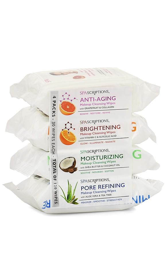 Spascriptions™ Anti-Aging, Brightening, Moisturizing & Pore Refining Towelettes Removes Waterproof Makeup, Revives with Collagen, Vitamin C, Coconut Oil, and Aloe Hypoallergenic, 120 Ct. 4 Pack