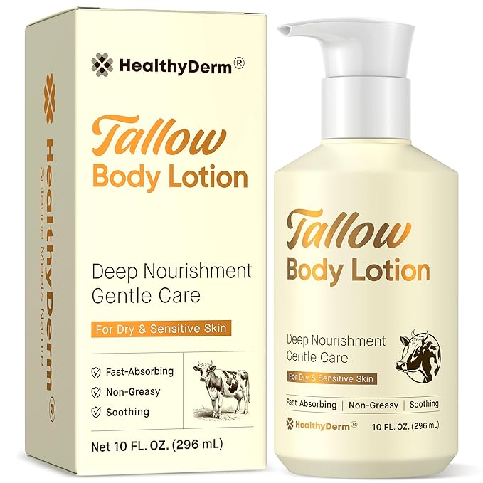 Beef Tallow Body Lotion for Skin: Grass-Fed Daily Moisturizing Cream for Dry, Mature & Crepey Skin, Fast-Absorbing, Non-Greasy, Fragrance-Free Moisturizer with Aloe & Shea Butter, 10 fl oz