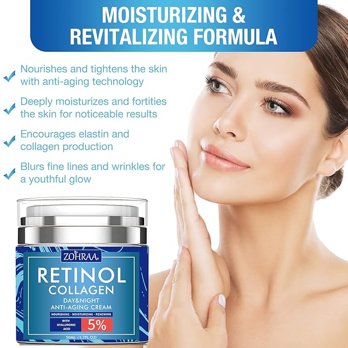 Retinol Cream for Face - Facial Moisturizer with Collagen and Hyaluronic Acid, Anti-Wrinkle Reduce Fine Lines Vitamin C+E Natural-Ingredient Day Night Anti-Aging For Women Men