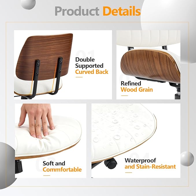VINGLI Wide Curved Seat&Back Armless Home Office Chair,Ergoromic Adjustable-Height Desk Chair,Swivel&Tilting Function,Stylish Walnut Task Chair for Meeing Room,Dining Room,PU, White