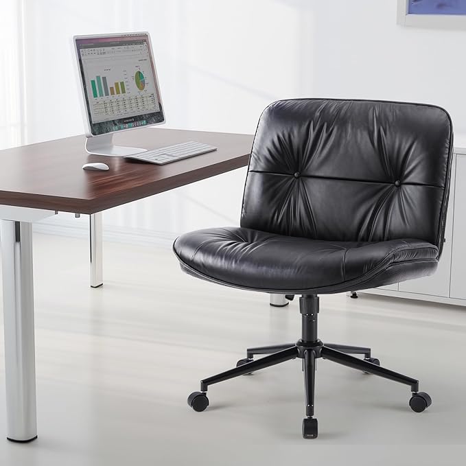 Sweetcrispy Armless-Office Desk Chair with Wheels, Cross Legged Wide Chair, PU Leather Comfortable Adjustable Swivel Computer Task Chairs for Home,Office,Make Up,Small Space,Bed Room Black