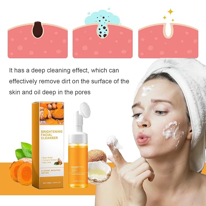 Glow Wash Turmeric Face Wash With Brush,Deep Cleansing Exfoliating Foaming Facial Cleanser.