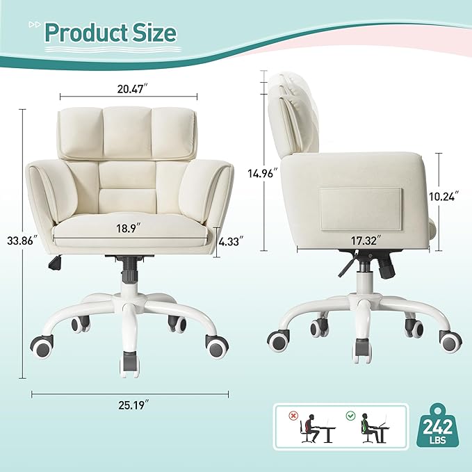Vanity Chair with Wheels & Soft Velvet Fabric, Desk Chair Comfy with Back, Upholstered Home Office Chair with Side Pockets for Bedroom, Office, Make-up Room, Height Adjustable, Beige