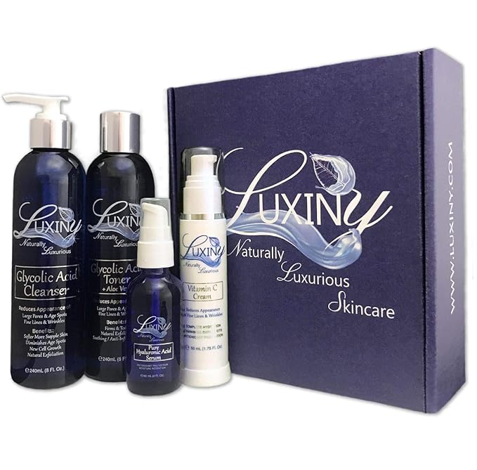 Luxiny Anti-Aging Skin Care Set for Women & Men – 4-Piece Kit with 10% Glycolic Acid Cleanser, Glycolic Acid Toner, Hyaluronic Acid Serum, and Vitamin C Moisturizer