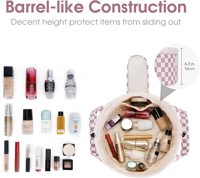 Narwey Barrel Drawstring Checkered Makeup Bag Large Cosmetic Bag Make up Bags Toiletry Bag Travel Bags for Toiletries Organizer for Women Gift for Teen Girls (Dusty Pink Checkerboard) (Patent)