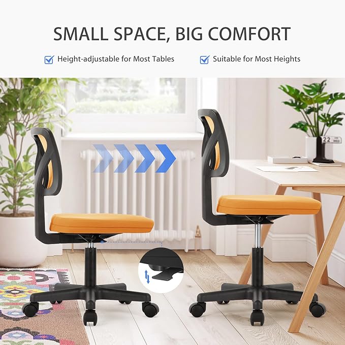NEWBULIG Home Office Desk Chair, Armless Ergonomic Swivel Computer Chair with Wheels, Adjustable Height and Low-Back Mesh Design, Rolling Chair with Lumbar Support and Comfortable Seat, Orange