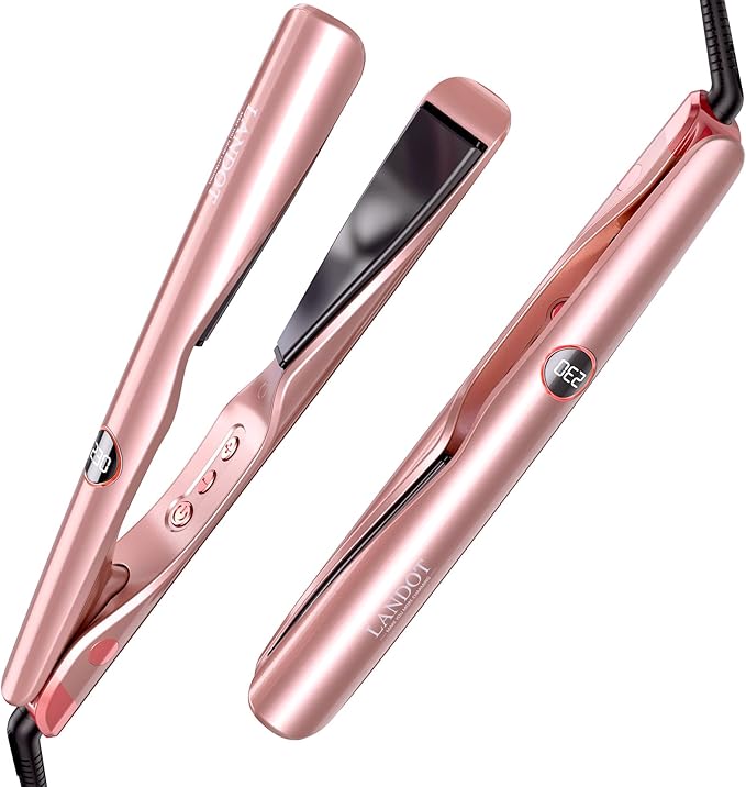 LANDOT Flat Iron Hair Straightener and Curler 2 in 1 – Straighten Curl Wave, Ceramic, Dual Voltage, Fast Heat Up, 12 Adjustable Temps(250-450℉) for All Hair Types