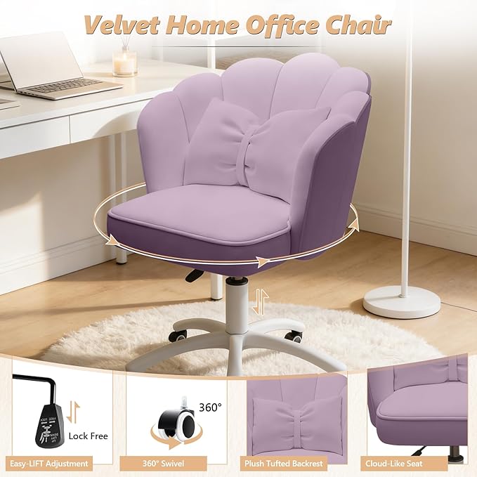 Home Office Desk Chair Swivel Rolling Vanity Chair with Silent Wheels and Comfortable Back, Adjustable Height Upholstered Computer Task Chair for Makeup, Bedroom