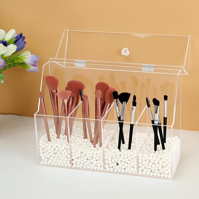 Acrylic Makeup Organizer, Clear Cosmetic Brush Storage Box With 4 Brush Holders (Pearl not included),Makeup Brush Holder with Dust Cover, Large-capacity Split Design Organize the Desktop