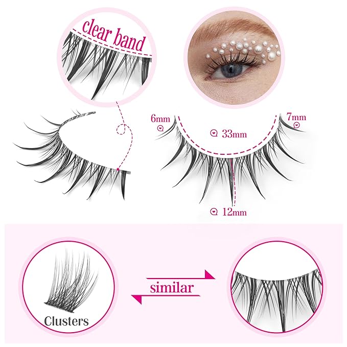 Manga Lashes Natural Look Individual Lash Clusters Anime False Eyelashes Wispy Spiky Kawaii Korean Makeup Clear Band 3D Short Faux Mink Manhua Eyelashes - Geeneiya 02A