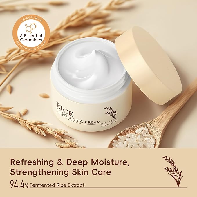 Rice Ceramide Moisturizing Cream, Face Moisturizer with Rice Bran Extract and Ceramides, Glass Skin Barrier Repair Ceramide Moisturizer Deep Nourishment, Smooths and Evens Skin Tone Korean Skin Care