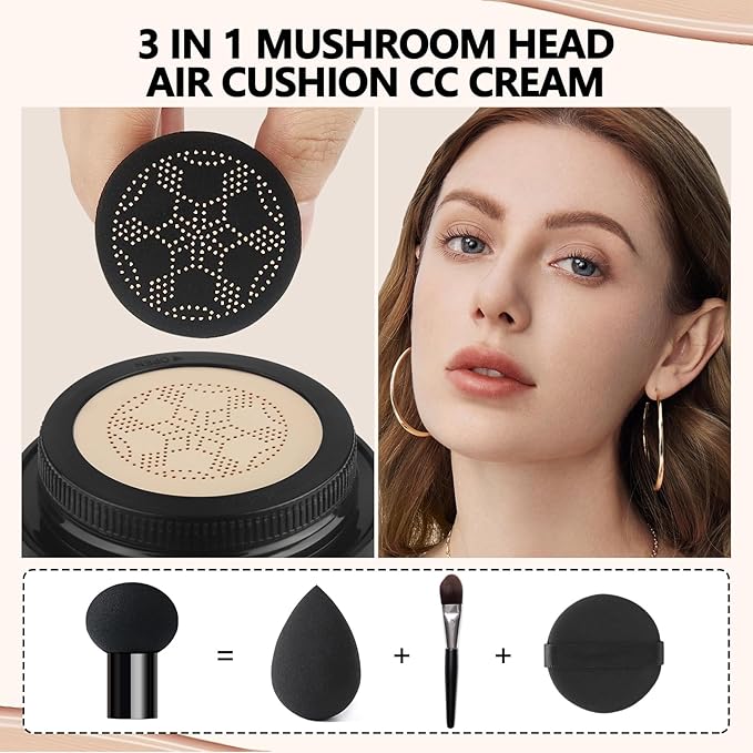 Anglicolor Mushroom Head Air Cushion CC Cream Strong Concealer 2PC,Face Makeup Cushion Foundation Long Lasting,Moisturizing BB Cream Makeup Base Primer Even Skin Tone for All Skin Types (2PC02)