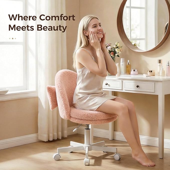 GTPOFFICE Vanity Chair with Back, Adjustable Tall Office Chair High Swivel Bar Stools Fluffy Cute Desk Chair Comfy with Wheels Bow Pillow Armlees for Adults Standing Desk Bar, Soft Velvet, Pink