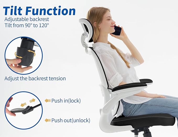 TRALT Ergonomic Office Chair - Desk Chair with Adjustable Headrest Lumbar Support Computer Chair - Mesh Comfy Chair with Flip-up Armrests - Gaming Chairs for Adults Home Office (Leather, Black White)