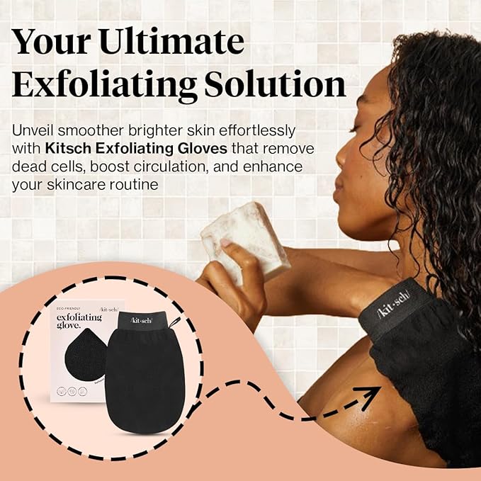 Kitsch Exfoliating Glove 1pc – Korean Exfoliating Mitt & Deep Exfoliating Body Scrubber for Shower, Bath | Body Exfoliator Glove, Dead Skin Remover | Skin Care for Smooth Skin - Black