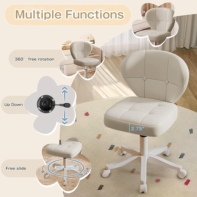 Vanity Chair with Back – Small Armless Office Chair with Wheels, Lumbar Support, PU Leather, Adjustable Height, 360° Swivel for Home, Bedroom, Office White Set of 2