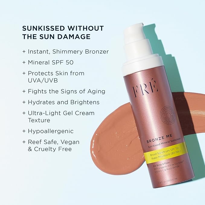 FRÉ Bronze Me SPF 50 – Tinted Mineral Sunscreen for Face & Body, Instant Shimmery Tan, Multitasking Self-Tanner & Skincare, Reef-Safe, Vegan
