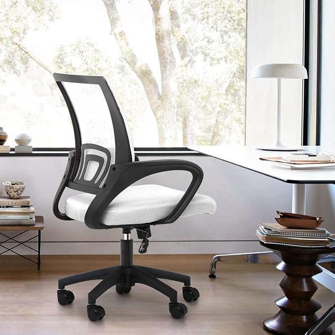 Magshion Ergonomic Office Desk Chair, Mid-Back Mesh Computer Chair, Swivel Chair with Breathable Backrest & Lumbar Support, Adjustable Height for Gaming, Work, Study, 300 Lbs Capacity, White