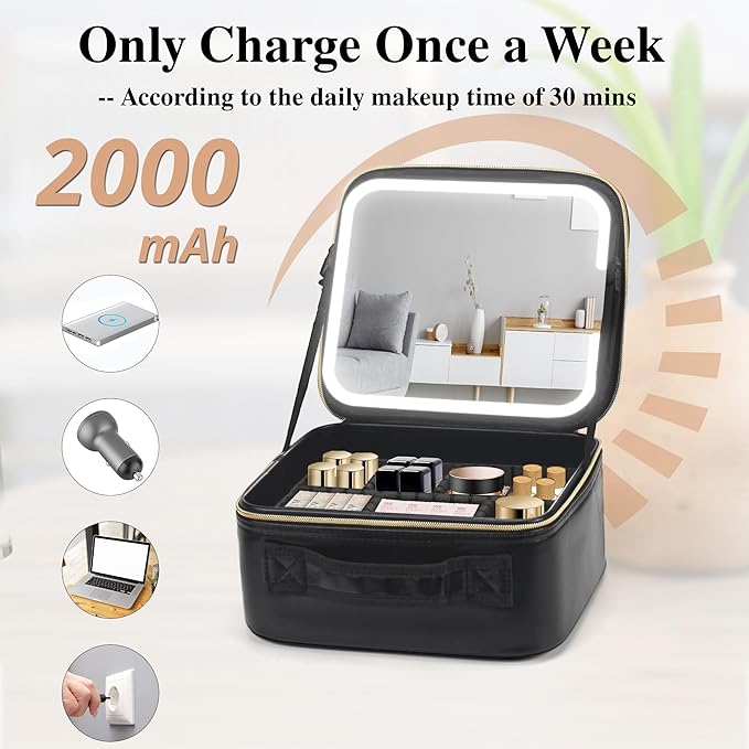 SJD Travel Makeup Bag with LED Mirror, Portable Cosmetic Case Organizer with Lighted Mirror, Waterproof Makeup Case for Cosmetic Brush Holder Storage, Black Toiletry Bag for Women Gift