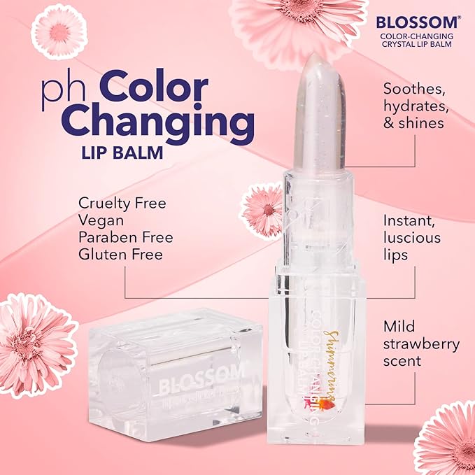 Blossom Lip Gloss Moisturizing pH Lip Balm, Strawberry Scented Color Changing Shimmering Lip Stain Tint, Infused with Real Flowers, 3g, Blush