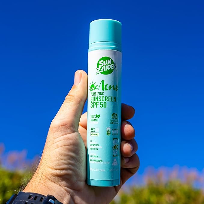 Sun Zapper Acne Pure Zinc Face Sunscreen SPF 50, Non-Comedogenic Organic Mineral Sunscreen with Tea Tree Oil for Acne-Prone and Oily Skin, 25% Non-Nano Zinc Oxide, Reef Safe, 100g (3.5 oz)