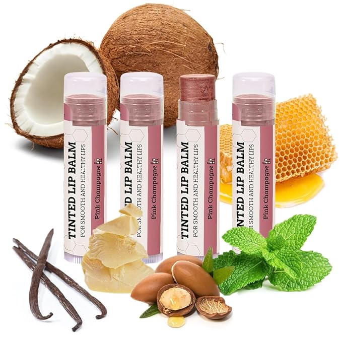 Earth's Daughter Tinted Lip Balm 4-Pack of Pink Champagne Color - Beeswax, Coconut Oil, Cocoa Butter, Vitamin - Moisturize and Beautify - Paraben Free