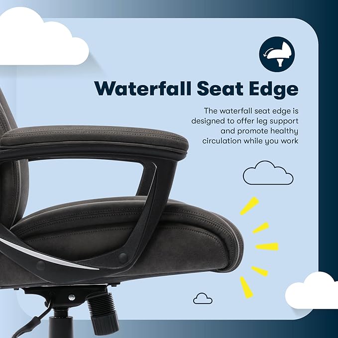 Serta Comfort Eco Office Chair, Ergonomic Mid-Back with Lumbar Support, Semi-Plush Seat Cushion and Layered Body Pillows, Padded Armrests, Metal Swivel Base, Soft Velvet Fabric, Brown