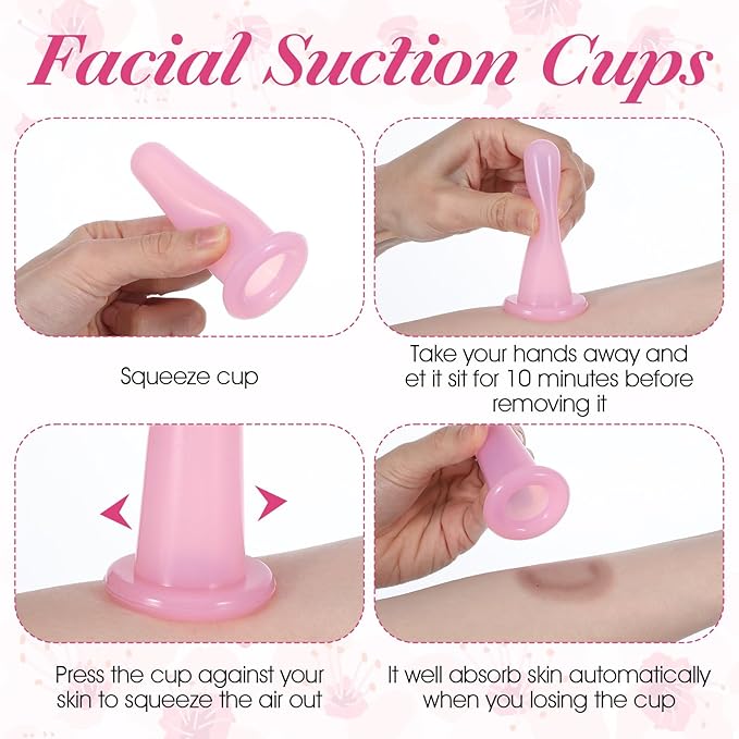 4pcs Face Cups,Facial Suction Cups,Ventosas Faciales,Silicone Anti Cellulite Vacuum Facial Cup for Facs and Neck Eye Massage Beauty Tool,Pink