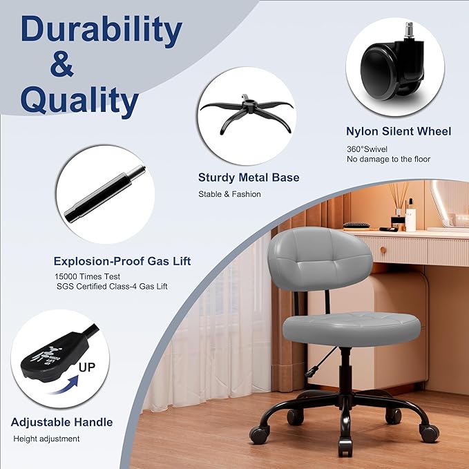Misolant Vanity Chair with Back, Small Armless Cute Office Chair with Wheels and Lumbar Support, Comfy PU Leather Desk Computer Chairs with Adjustable Height, 360°Swivel for Home Bedroom Office, Gray